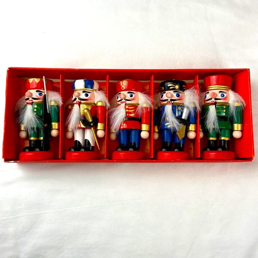 Box set of 5 short squatty army wooden nutcracker Holiday Christmas Decor